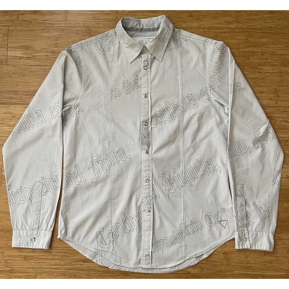 Guess Mens Medium White Gothic Spanish Print Button Up shirt